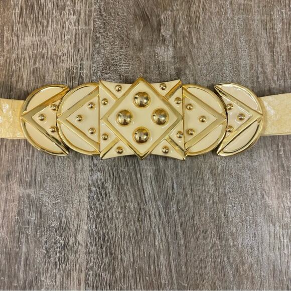Rare Vintage Alexis Kirk Gold Fashion Belt buckle with ivory embossed leather 30 - Picture 2 of 9